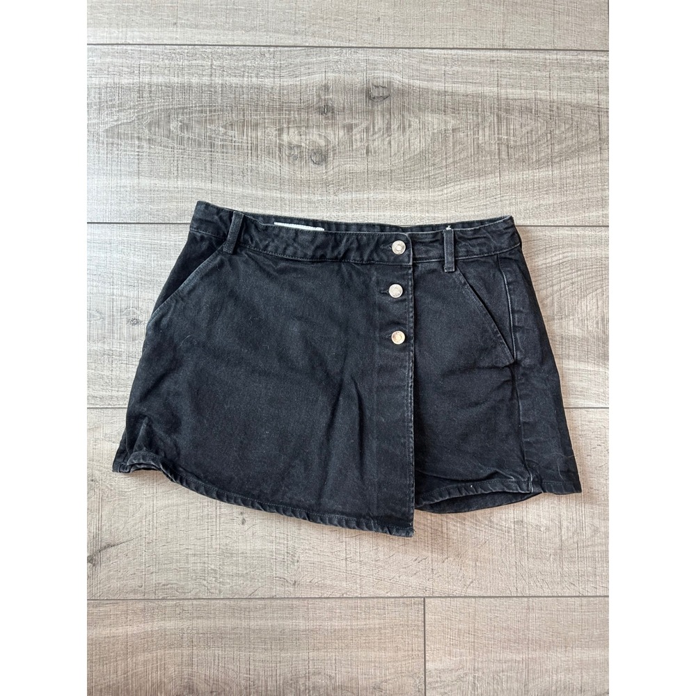 Zara Black Denim Asymmetrical Button Front Mini Skort Size L